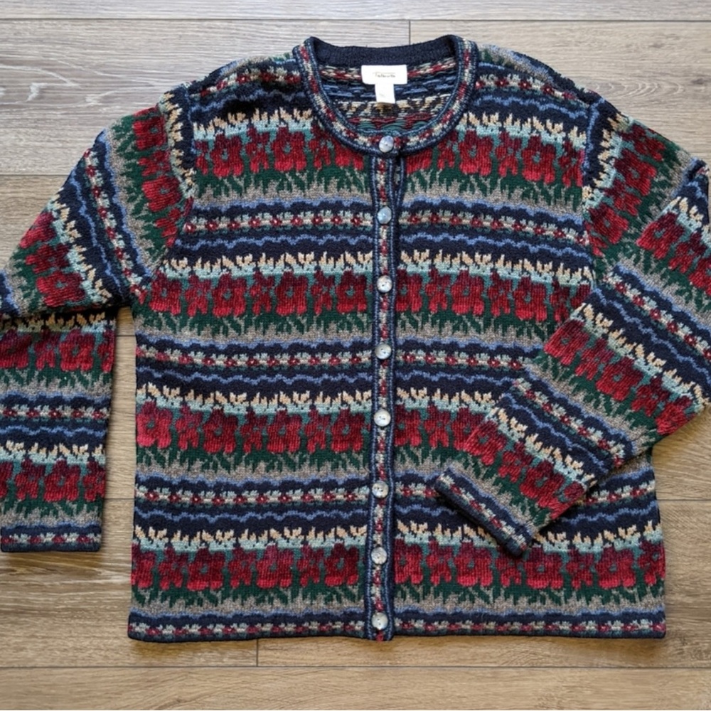 TALBOTS Sweater Cardigan Iridescent Button Accents Floral Design Wool Silk Large